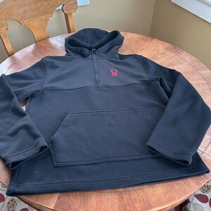 Men’s half zip, hooded pullover of ribbed knit and nylon fleece, lots of stretch